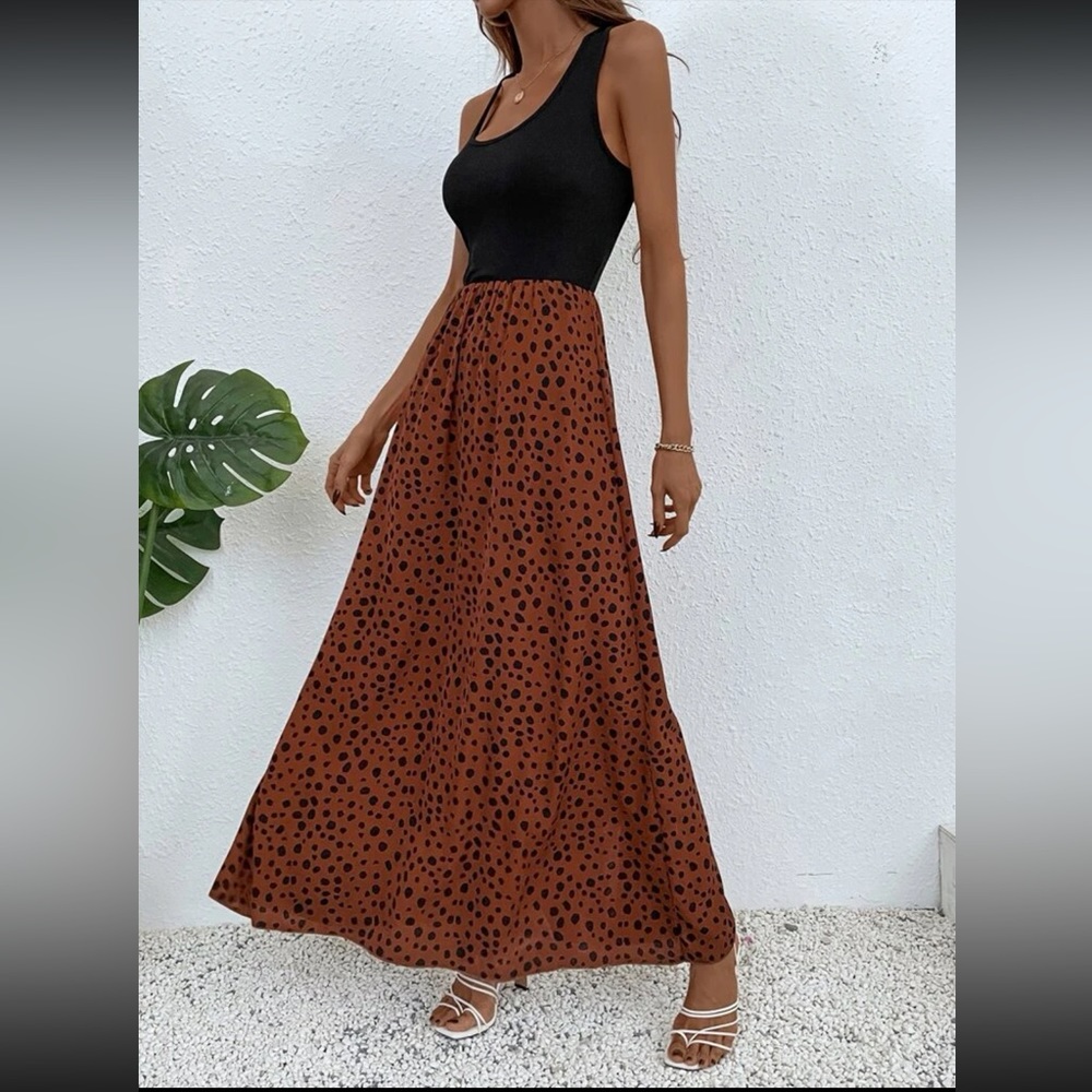 Boho Dalmatian print color block sleeveless maxi dress - Picture 4 of 15